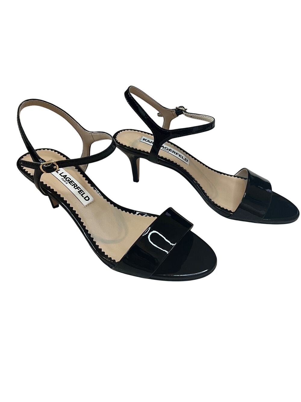 Karl Lagerfeld Paris Demas Black Patent Leather Ankle Strap Sandal Heels Size 6